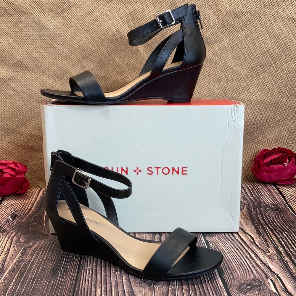 Sun + Stone Black Jossie Wedge Sandals 8.5M